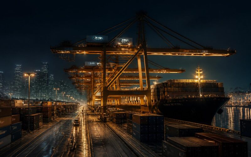 Container port cranes working at night